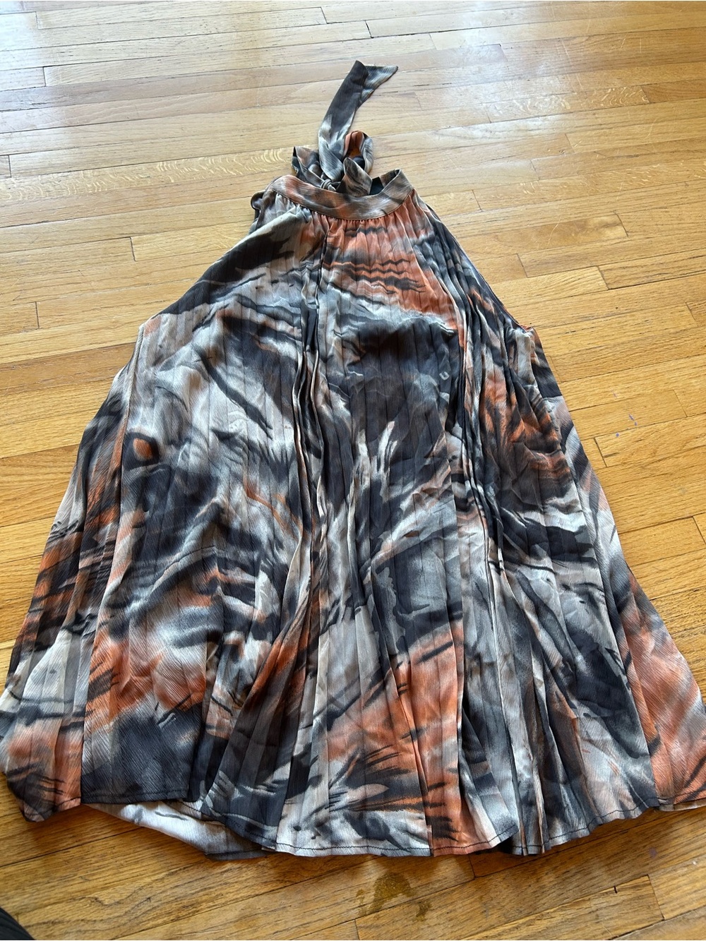 Tribal Tie-Dye Pleated Mini Dress in Black, Gray & Orange